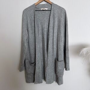 LOFT Long Cardigan Large Gray Open Front Cozy Soft Knit Pockets